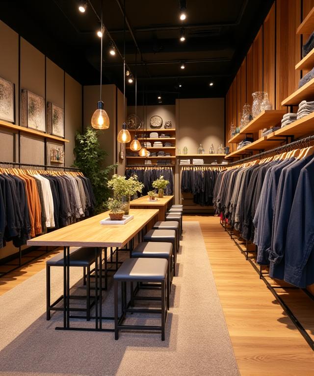 The warm and inviting interior of the Down Under Threads store, with racks of clothing and a comfortable seating area.