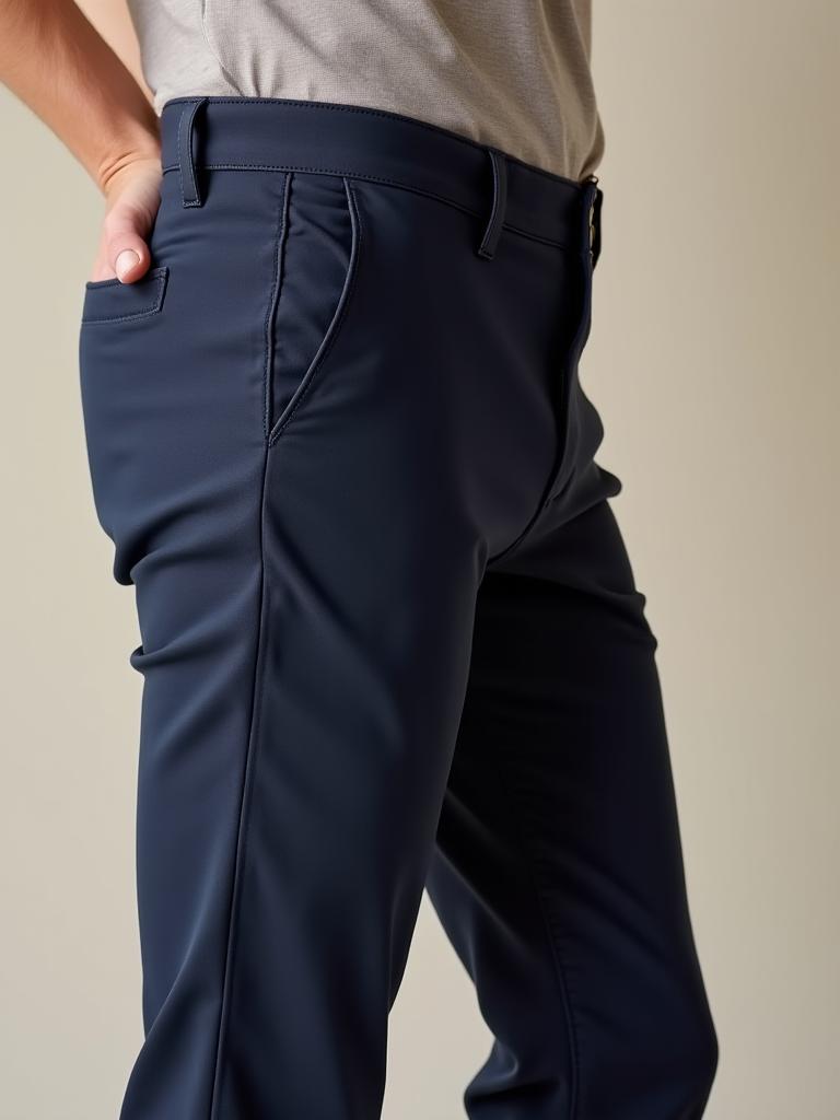 Model wearing versatile navy chino pants, showing the fit and fabric.