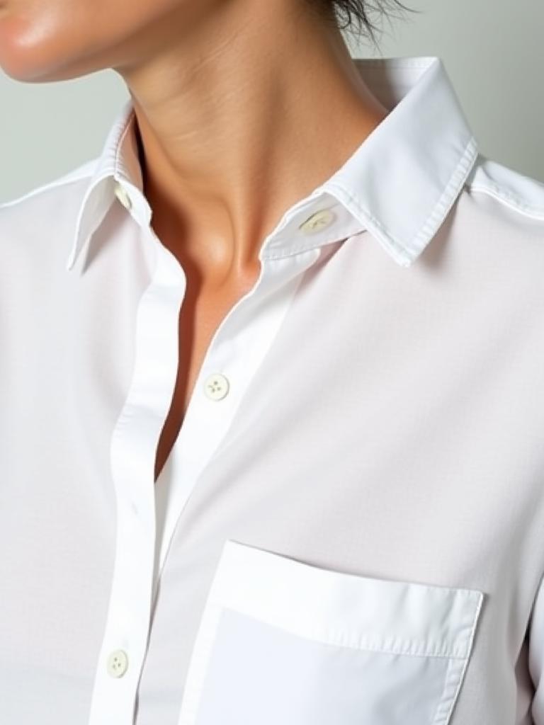 Close-up of a model wearing a crisp white linen shirt.