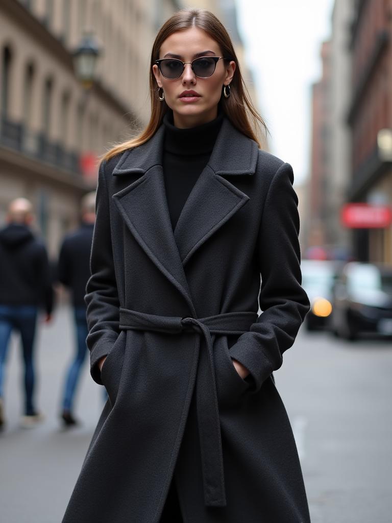 Model wearing a stylish charcoal wool coat in a city setting.