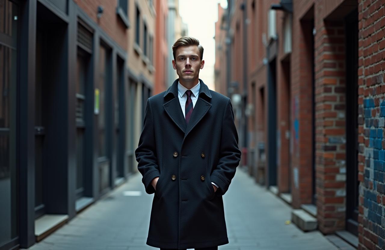 A well-dressed man in a tailored coat standing in a classic Melbourne laneway.