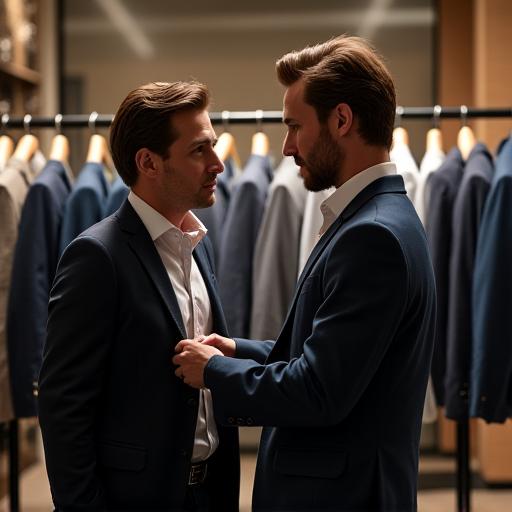 A stylist helping a client choose between different jackets in the store.