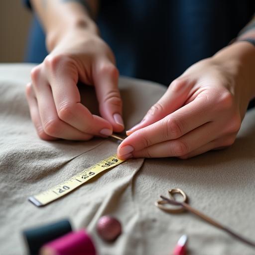 A close-up of a tailor's hands meticulously measuring fabric.